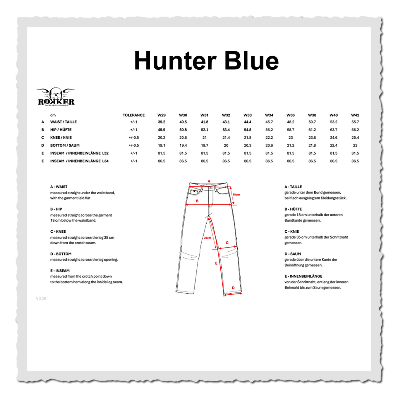Maßtabelle für eine blaue Jeans mit Größenwerten, zweisprachigen Erklärungen und schematischer Zeichnung.